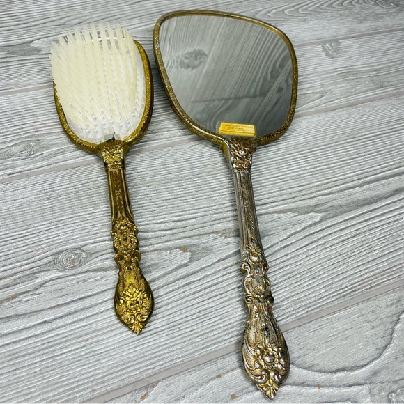 Rare 1950s Matson Vanity Hand Mirror Hair Brush Set rose flower 24k Gold Plated - Picture 11 of 16